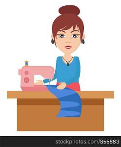 Woman with knitting machine, illustration, vector on white background.