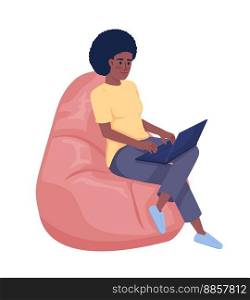 Woman with laptop sitting on bean bag comfortably semi flat color vector character. Editable figure. Full body person on white. Simple cartoon style illustration for web graphic design and animation. Woman with laptop sitting on bean bag comfortably semi flat color vector character