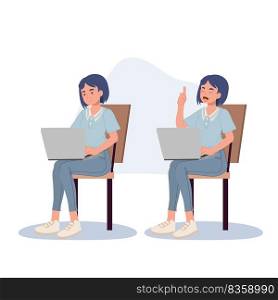 Woman with laptop sitting. working with Laptop. Making thumb up hand gesture. Vector illustration.