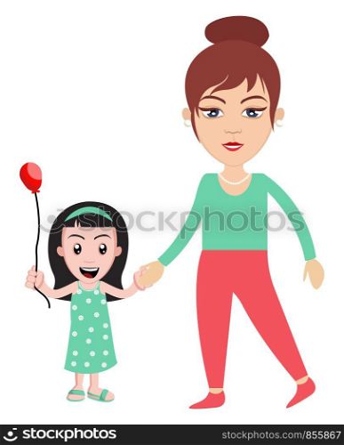 Woman with little girl, illustration, vector on white background.