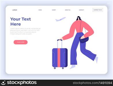 Woman with luggage, bag, running around the airport. Cartoon traveller female character, flying plane. Landing page template. Flat vector illustration. Use in web projects and applications.