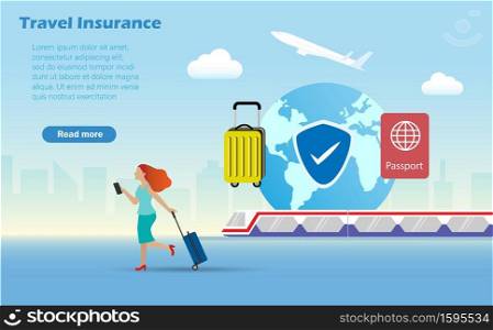 Woman with luggage travelling with airpland and railway with travel insurance for protection. Idea for travel insurance. Landing page for website.