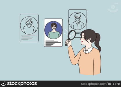 Woman with magnifier glass look at choose among job candidates after interview. Female recruiter hiring staff applicants at vacant position. Employment, recruitment concept. Vector illustration. . Woman use magnifier lens choose candidates for work position