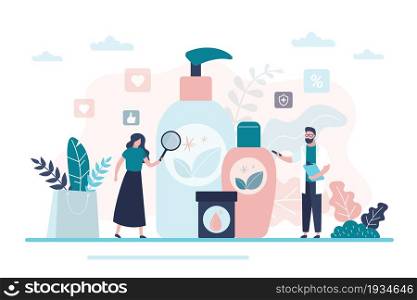 Woman with magnifying glass chooses organic cosmetics. Medical professional helps girl with choice of natural products skincare. Various bottles,tubes. Banner in trendy style. Flat vector illustration. Woman with magnifying glass chooses organic cosmetics. Medical professional helps girl with choice of natural products skincare