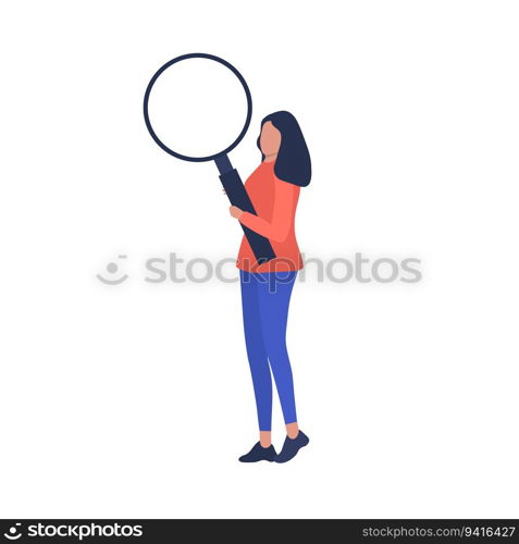 Woman with magnifying glass. Search for social networks.