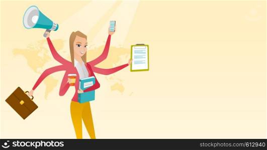 Woman with many legs and hands coping with multitasking. Business woman doing multiple tasks. Multitasking business woman. Multitasking concept. Vector flat design illustration. Horizontal layout.. Woman coping with multitasking.