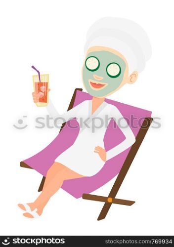 Woman with mask and towel on head lying in chaise lounge in beauty salon. Woman relaxing in beauty salon. Girl having beauty treatments. Vector flat design illustration isolated on white background.. Woman getting beauty treatments in the salon.