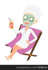 Woman with mask and towel on head lying in chaise lounge in beauty salon. Woman relaxing in beauty salon. Girl having beauty treatments. Vector flat design illustration isolated on white background.. Woman getting beauty treatments in the salon.