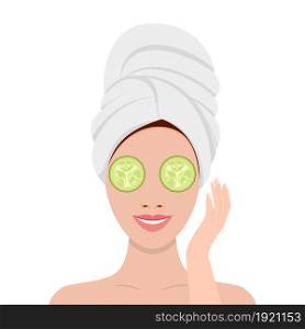woman with mask of cucumber on her eyes. SPA beauty and health concept. Vector illustration in flat style. woman with mask of cucumber on her eyes