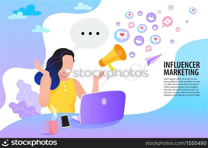 woman with megaphone and speech bubble. female character influencer marketing concept. Cartoon vector illustration EPS10.