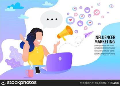 woman with megaphone and speech bubble. female character influencer marketing concept. Cartoon vector illustration EPS10.