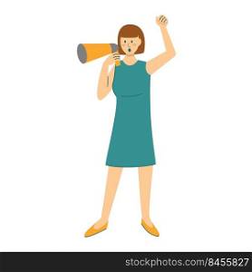 Woman with megaphone protests vector. Female participating in demonstration. Rights protection concept. Girl activist single isolated illustration. Cartoon flat style. Woman with megaphone protests vector