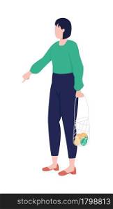 Woman with mesh bag semi flat color vector character. Full body person on white. Young woman chooses fruits at marketplace isolated modern cartoon style illustration for graphic design and animation. Woman with mesh bag semi flat color vector character