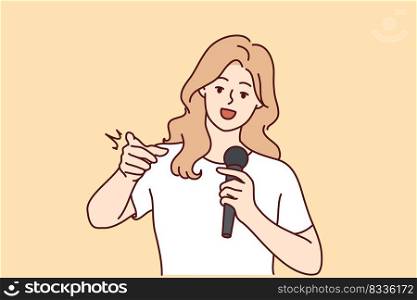 Woman with microphone make speech point at screen. Smiling female speaker with mic communicate with audience. Vector illustration. . Woman with mic communicate with audience 
