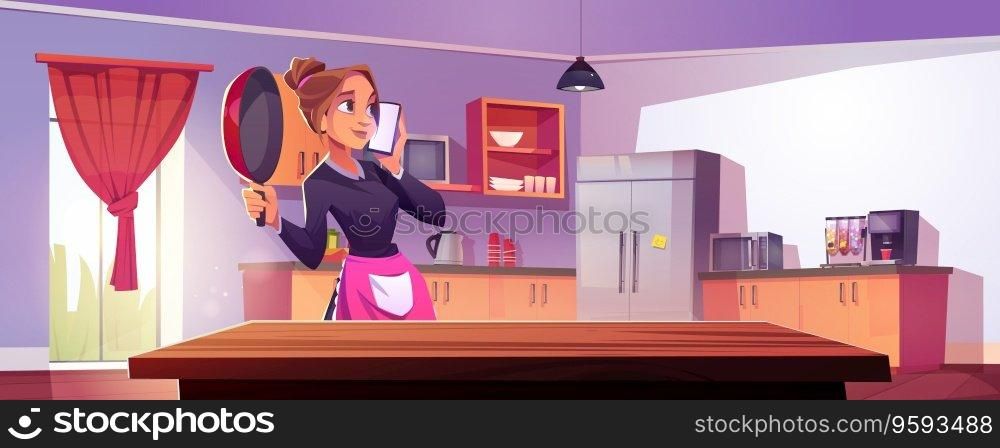 Woman with mobile phone near kitchen counter vector interior illustration. Wood dining table at modern home with cook equipment. Young talking girl with smartphone in apron indoor cartoon picture. Woman with mobile phone near kitchen counter table