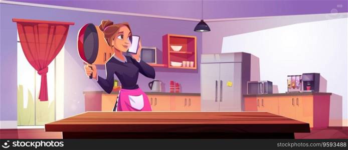 Woman with mobile phone near kitchen counter vector interior illustration. Wood dining table at modern home with cook equipment. Young talking girl with smartphone in apron indoor cartoon picture. Woman with mobile phone near kitchen counter table