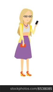 Woman with mobile phone. Pretty blonde girl in casual closing with smartphone flat vector isolated on white. Waiting call on date concept. Communication in social media and using online services. Woman with Mobile Phone Flat Vector Illustration . Woman with Mobile Phone Flat Vector Illustration