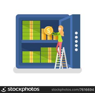 Woman with monet vector, financial operation with coin and banknotes, dollars of American, lady on ladder. Management and saving isolated flat style. Woman Investing Money, Lady with Strongbox Vector