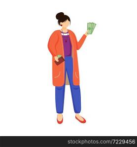 Woman with money flat vector illustration. Rich person. Employer gives salary. Getting paid for work. Female holds dollars. Girl with cash isolated cartoon character on white background. Woman with money flat vector illustration
