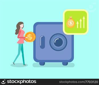 Woman with money vector, banking service American dollars profit of deposit lady holding coin gold financial assets carrying to strongbox with code. Investing Woman Standing Strongbox and Gold Coin