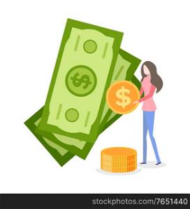 Woman with money vector, isolated person holding golden coin with dollar sign flat style. Investor with savings and profits American banknotes usd. Woman Holding Coins Standing by Banknote Vector