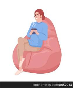 Woman with mug sitting on bean bag semi flat color vector character. Break time. Editable figure. Full body person on white. Simple cartoon style illustration for web graphic design and animation. Woman with mug sitting on bean bag semi flat color vector character