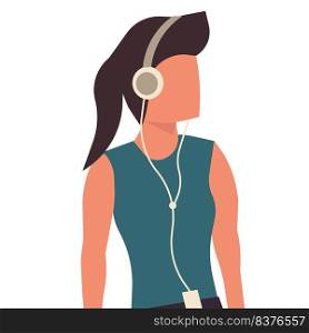 Woman with music headphone vector illustration. Female girl listening earphone and sound lifestyle. Fashion lady dj and teenager character avatar. Entertainment device mobile technology enjoyment