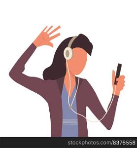 Woman with music headphone vector illustration. Female girl listening earphone and sound lifestyle. Fashion lady dj and teenager character avatar. Entertainment device mobile technology enjoyment