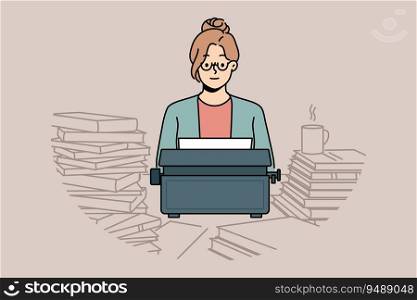Woman with old typewriter sits at table with books, works as poet in literary magazine and comes up with new novel. Smart girl journalist or copywriter uses vintage typewriter instead of computer. Woman with old typewriter sits at table with books, works as poet in literary magazine