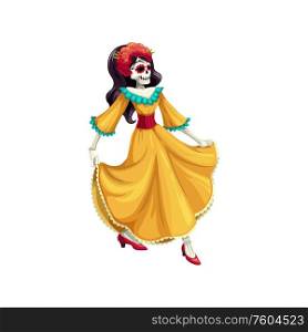 Woman with painted calavera skull isolated dancer in dress. Vector Cinco de mayo holiday. Mexican woman dancer on holiday at Day of Dead