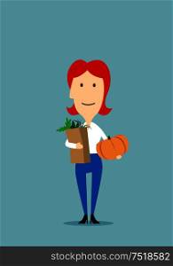 Woman with paper bag full of groceries and pumpkin in hands. Mother in supermarket or grocery shop. Healthy food and family care concept with flat vector character. Woman with paper bag full of groceries