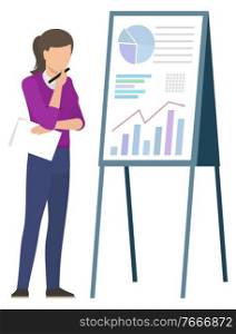 Woman with pen and paper notebook thinking about trades and sales depicted on board with graphs and charts. Vector business person and thoughts how to rich success. Woman with Pen and Notebook Thinking about Trades