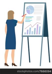 Woman with pen making notes on board with graphs and charts. Vector business person analytic financial worker analyzing sales and trades on data diagram. Woman with Pen Making Notes on board with Graphs