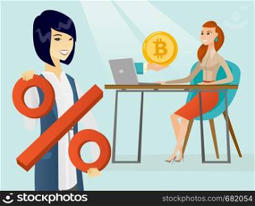 Woman with percent sign standing on the background of woman getting gold bitcoin coin from cryptocurrency trading. Bitcoin trading, blockchain network technology concept. Vector cartoon illustration.. Woman getting bitcoin coin from bitcoin trading.