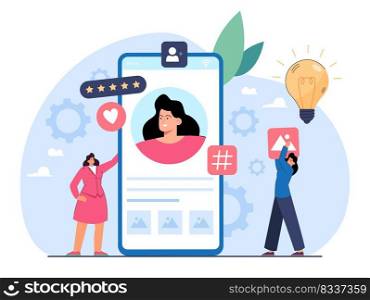 Woman with personal brand managing online presence or identity. Brand awareness, digital branding or marketing flat vector illustration. Internet, management concept for banner or landing web page