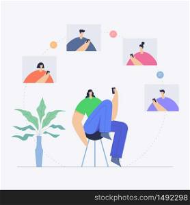 Woman with phone, communication in social networking, mobile and internet interaction. People and virtual connections, video chat. Male and female modern cartoon characters. Flat vector illustration.