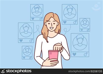 Woman with phone use application for online dating and find new boyfriend for serious relationship or one-time dates. Girl with smartphone visits social networks for dating choosing men from photo. Woman with phone use application for online dating and find new boyfriend for serious relationship