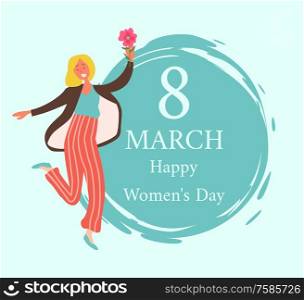 Woman with pink flower isolated blonde girl and female character in cartoon style smiling. Greetings with International 8 March holiday, vector. Woman with Pink Flower, Blonde Girl and Strokes