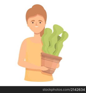Woman with plant icon cartoon vector. Happy girl. Green flower. Woman with plant icon cartoon vector. Happy girl