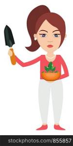 Woman with plant, illustration, vector on white background.