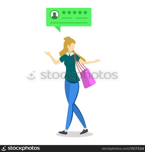 Woman with positive review bubble semi flat RGB color vector illustration. Consumer feedback. Client satisfaction. Quality assessment. Satisfied customer. Isolated cartoon character on white