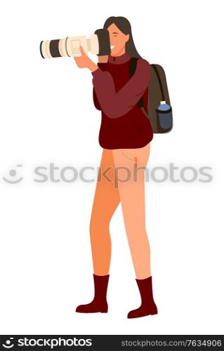 Woman with professional full hd camera and backpack on back making professional photos. Vector cartoon style person, tourist or photo correspondent isolated. Woman with Professional Full HD Camera, Backpack