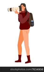 Woman with professional full hd camera and backpack on back making professional photos. Vector cartoon style person, tourist or photo correspondent isolated. Woman with Professional Full HD Camera, Backpack