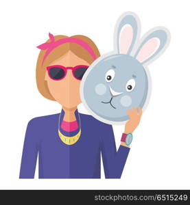 Woman with Rabbit Mask Flat Design Vector. Woman in sunglasses with rabbit or hare mask in hand flat vector illustration isolated on white background. Masquerade animal clothing and party costume. Psychological portrait and hidden personality. Woman with Rabbit Mask Flat Design Vector