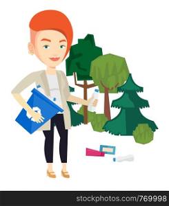 Woman with recycling bin in hand picking up used plastic bottles. Young woman collecting garbage in recycle bin. Waste recycling concept. Vector flat design illustration isolated on white background.. Woman collecting garbage in forest.