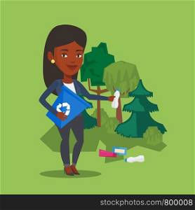 Woman with recycling bin in hand picking up used plastic bottles. An african-american woman collecting garbage in recycle bin. Waste recycling concept. Vector flat design illustration. Square layout.. Woman collecting garbage in forest.