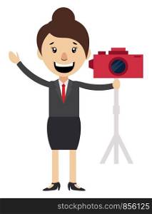 Woman with red camera, illustration, vector on white background.