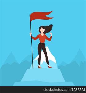 Woman with red flag on peak. Business woman on mountain top. Financial success, achievement goal, career growth successful manager and successfully idea vector concept. Woman with red flag on peak. Business woman on mountain top. Financial success, achievement goal, career growth successful manager vector concept