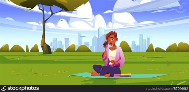 Woman with relax on lawn landscape with city skyline. Cartoon female character sitting on mat with books speaking by mobile. Summer outdoor recreation at green meadow or park field Vector illustration. Woman with relax on lawn landscape with skyline
