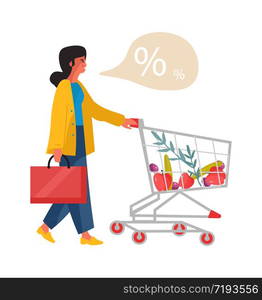 Woman with shop cart. Girl in supermarket looking for discounts. Vector isometrics illustration cartoon character shopping with trolley. Woman with shop cart. Girl in supermarket looking for discounts. Vector illustration cartoon character